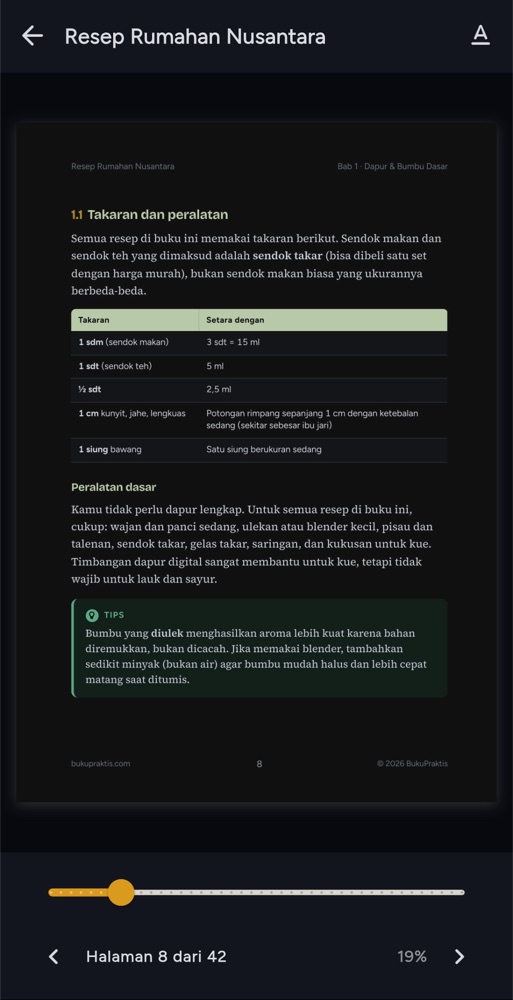 Layar Baca aplikasi BukuPraktis, tampilan gelap