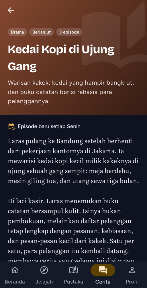 Layar Cerita aplikasi BukuPraktis, tampilan gelap