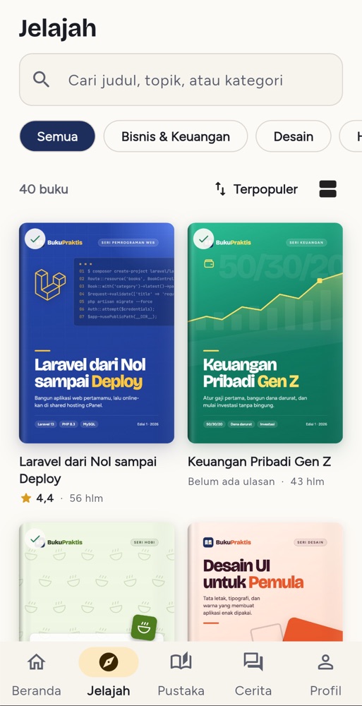 Layar Jelajah aplikasi BukuPraktis, tampilan terang
